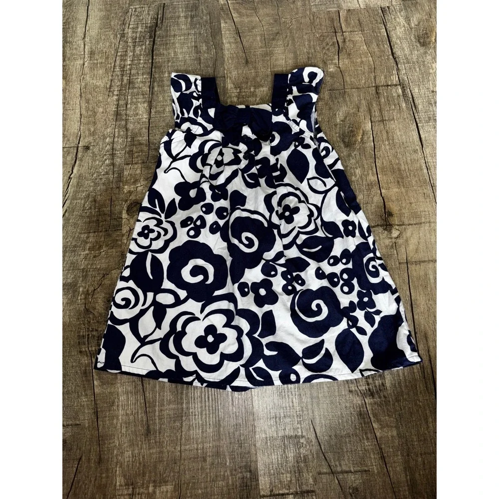 Gymboree Girls Navy Blue White Floral Cotton Sleeveless Bow Back Dress 3T
